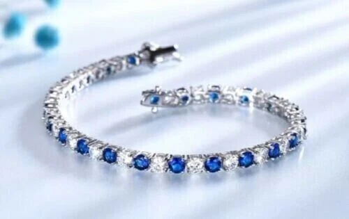 5Ct Round Cut Simulated Blue Sapphire Tennis Bracelet 14K White Gold Plated