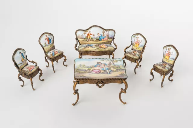 A Viennese Gilt Bronze & Enamel Six-Pieces Miniature Salon Suite