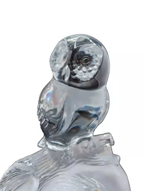 Owl Clear 6" Figurine on Frosted Log Paperweight Heavy Glass (Crystal?)
