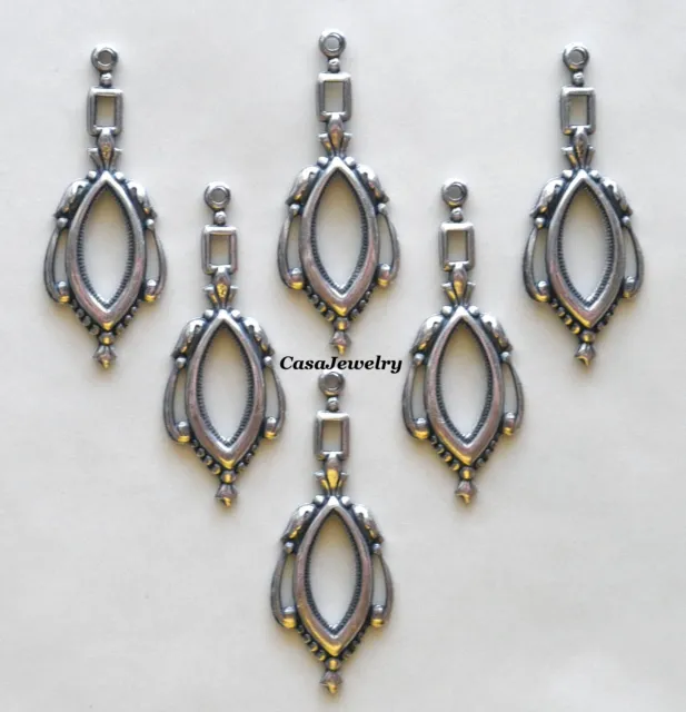 #0158 ANTIQUED STERLING SILVER PLATED OPEN CENTER DROP W/TOP HANG RING - 6 Pcs