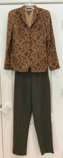 T Company Coordinated Outfit Jacket Pants Size 8 Brown Olive Lined Top 68