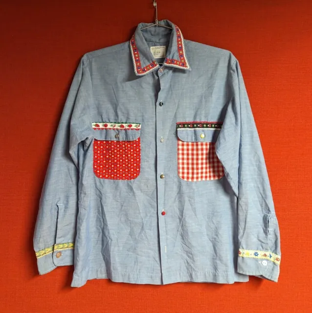 Vintage Chambray Button Down Shirt Women’s Big Mac JC Penny Mushroom Embroidered