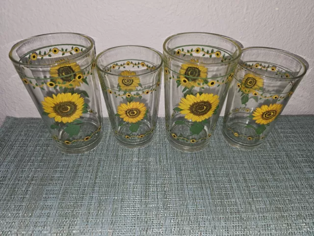 Vintage Set Of 4 Anchor Hocking Sunflower Drinking Glasses Jelly Jar Style