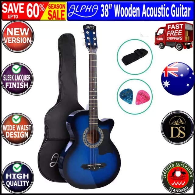 Alpha Guitar 38” Inch Full-Size Acoustic Wooden Folk Classical Cutaway Blue