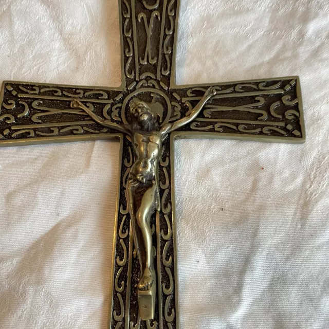 Vintage French Brass Wall Crucifix Wood Cast Solid 8” Gold Scrollwork Black