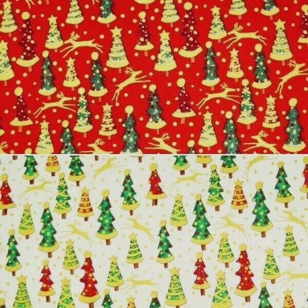 100% Cotton Fabric Gold Jazzy Christmas Trees Reindeer Xmas 140cm Wide