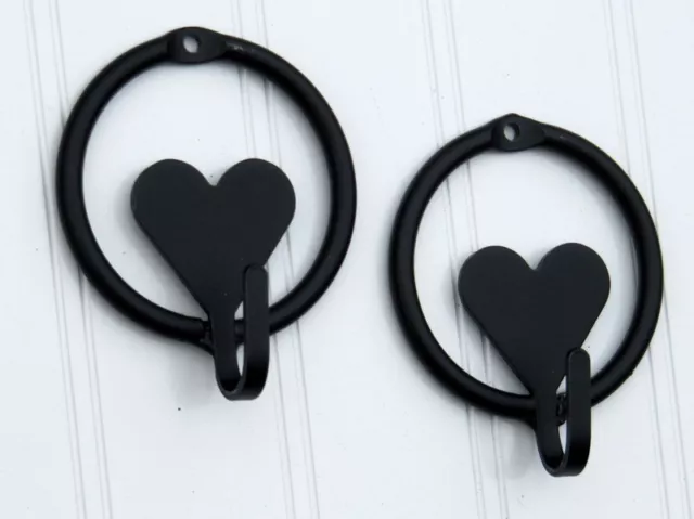 Amish Forged black wrought iron heart hook with ring-set of 2- mounting screws