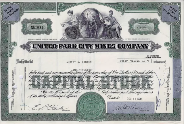 United Park City Mines Company, Delaware,  1970 (1.000 Shares, grün)