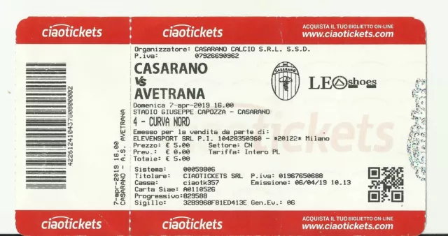 Biglietto Stadio Calcio Eccellenza 2018/19 Casarano - Avetrana  07/04/2019