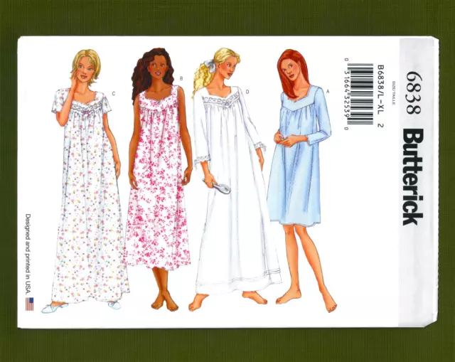Misses Petite Nightgowns Sewing Pattern~Diamond Neck (Size L, XL) Butterick 6838