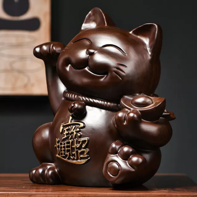 Ebony Wood Carved Maneki Statue Lucky Cat Feng Shui  Home Living Room Decoration