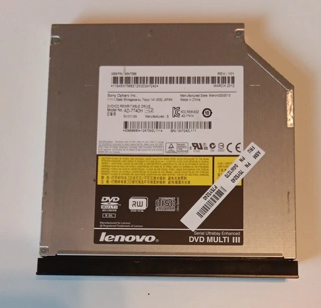 Lenovo Thinkpad L420 L520 L412 L512 DVD RW Optical Drive + Bezel AD-7740 04W1270