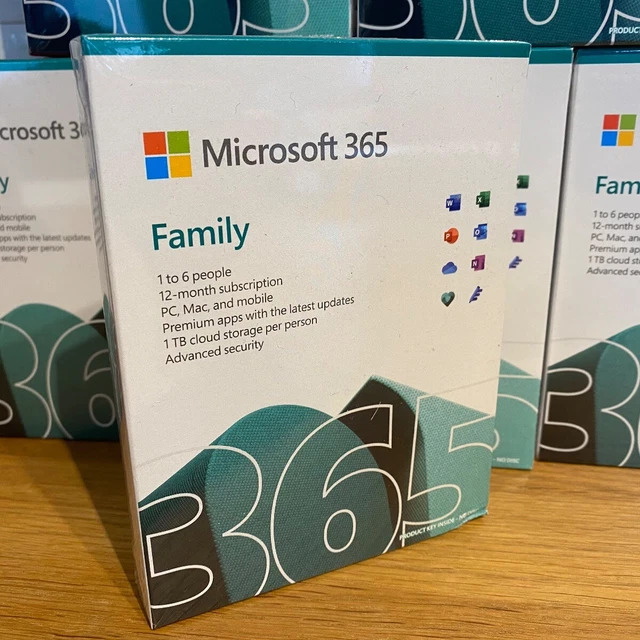 MICROSOFT OFFICE 365 Family Word Excel Outlook 6 Users 1 Year Windows ...