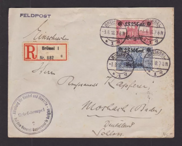 BELGIUM 1918, Registered cover from Brussel, German occupation, Fieldpost, WWI