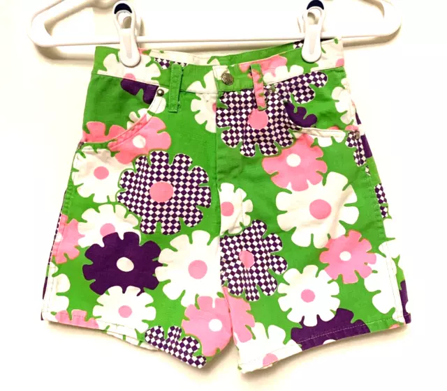 Vintage Girls size 12 Retro Mod Floral Pink Green Jean shorts Swing-a-Rees VTG
