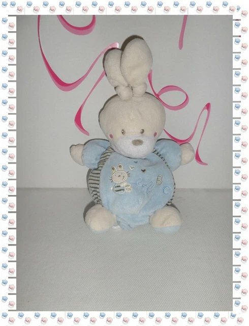 ❣ - Doudou Peluche Musicale Lapin  Bleu Beige Marron Broderies ABC  Nicotoy
