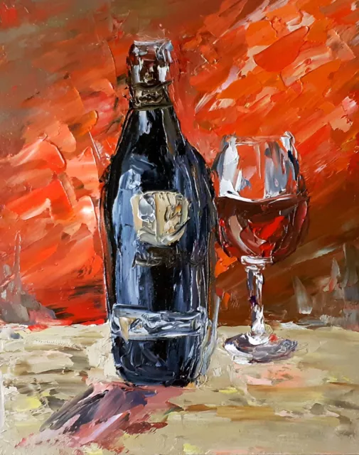 Wine painting Bottle Original Oil Red Wine Wall Art Glass Wineglass 11,8 on 9,4"