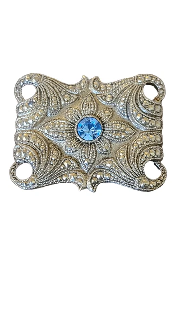 Vintage Gold Tone And Blue Rhinestone Square Brooch Pin 1 1/4"