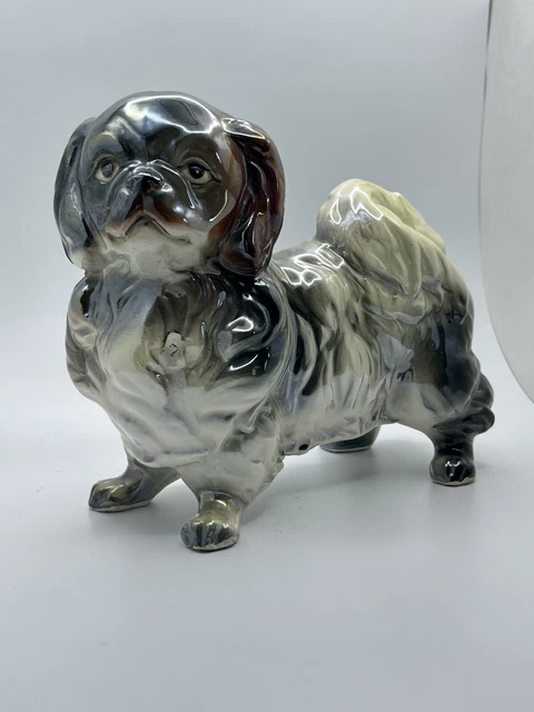 Vtg White/Black & Brown Pekingese Pup Dog HP Ceramic Glossy Figurine Black Eyes
