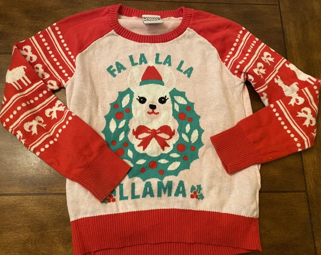 Well Worn Girls Fa La La Llama Ugly Christmas Sweater Medium 7/8 Pink Wreath A1