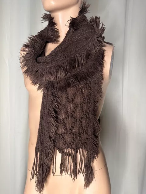 Woman's Fringe Neck Scarf Dark Brown 10 Inch x 72 Inch Knitted With Fur