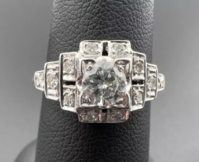 Antique 1930'S Art Deco 14K Wg White Gold Round Cut Diamond Engagement Ring