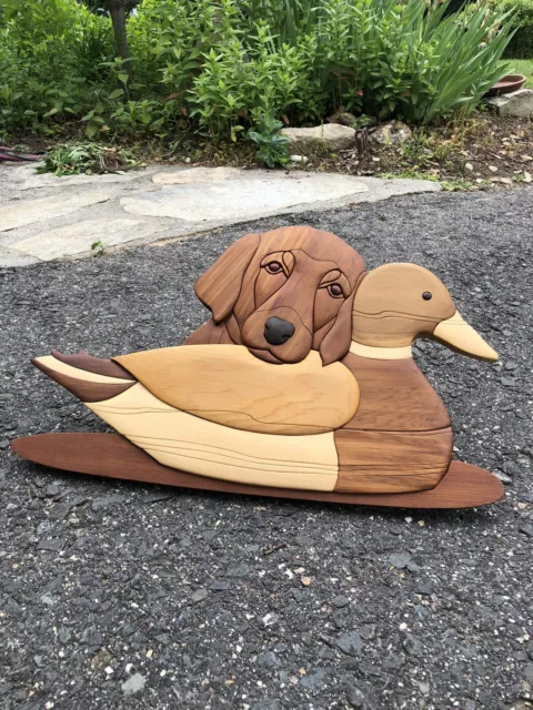 Beautiful Artist Signed Dog Bird Duck Hunting Decoy Inlay Wood Carving Art