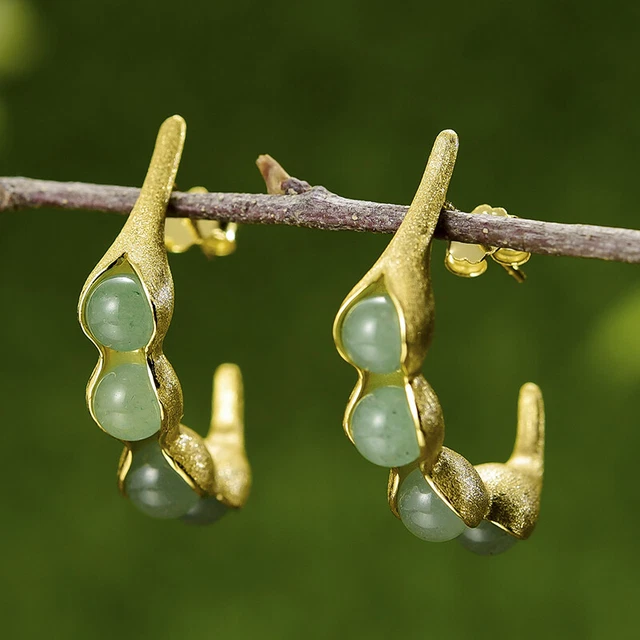 Naturalism 18K Gold Pea Pods Green Gemstones Earrings 925 Silver Women Jewelry