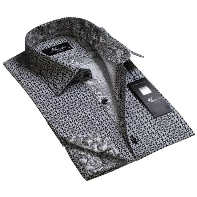 Grey with White Black Paisley Mens Slim Fit French Cuff Dress Shirts with Cuffli