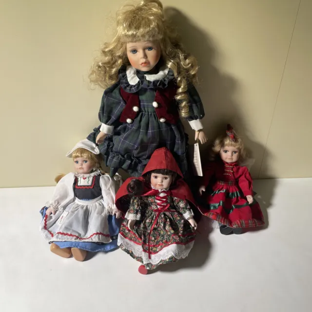 Vintage Lot of 4 Victorian Style Miniature 6" Porcelain Articulated Dolls Dress