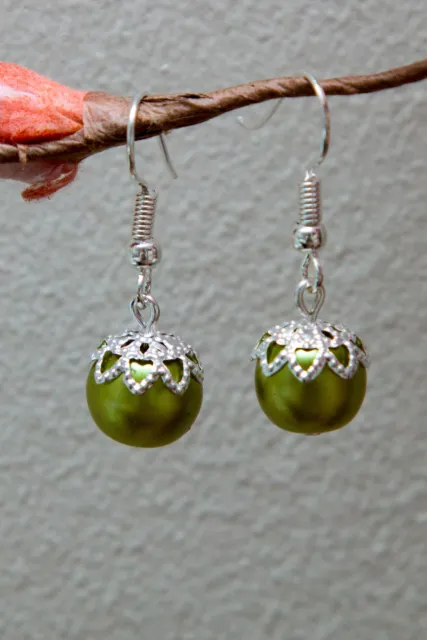 Christmas Bauble Earrings Handmade Silver Plated Drop Dangly Green Beaded Gifts