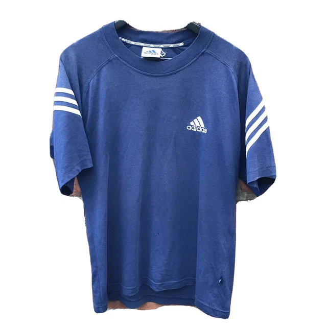T-shirt vintage Adidas 3 righe etichetta bandiera anni '90 taglia large blu navy
