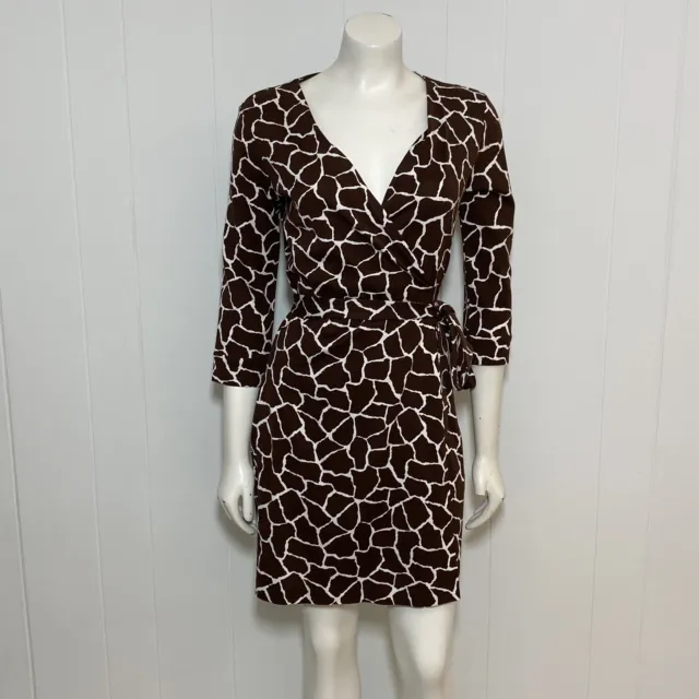 Diane von Furstenberg New Julian Two Mini Wrap Dress 4 Brown Giraffe Cotton Silk