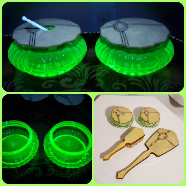 Uranium Glass And Celluloid Complete Vanity Set