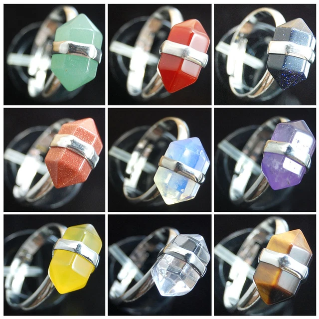 Natural Gemstone Hexagon Prism Healing Reiki Chakra Beads Adjustable Ring