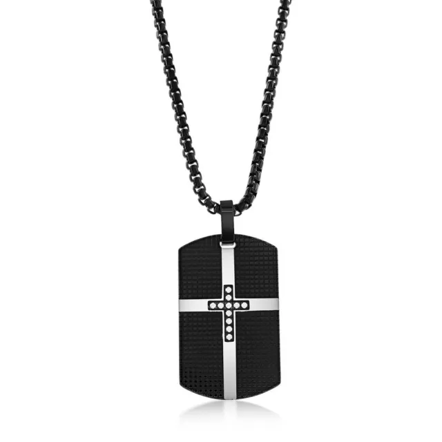 Stainless Steel Black Plated CZ Cross Dog Tag Necklace