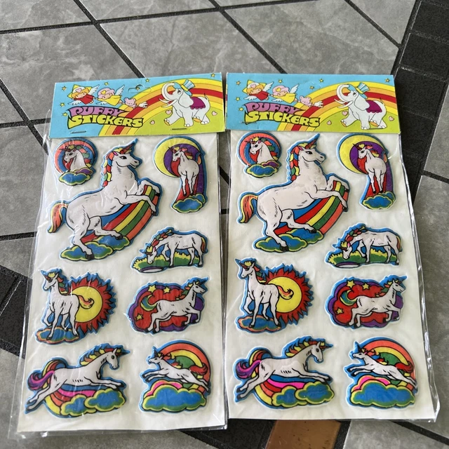 Lot Of 2 Sealed Vintage NOS 1979-1980 3D Unicorn Rainbows Puffy Stickers Taiwan