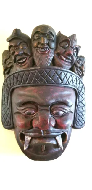 Wood Hand Carved Hanging African Mask 5 Small Faces Unmarked