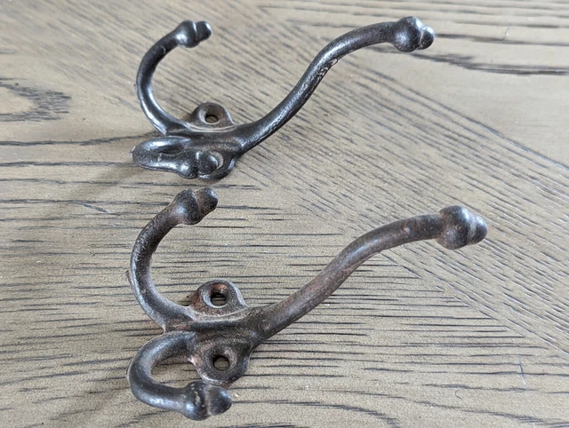 2 Old Acorn Coat Hooks School Farmhouse Antique Primitive Iron Vintage 1900's 3