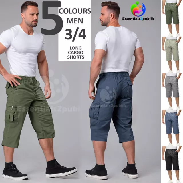 3/4 Long Length Short For Men Elasticated Waist Cargo Combat Three Quarter M-3XL