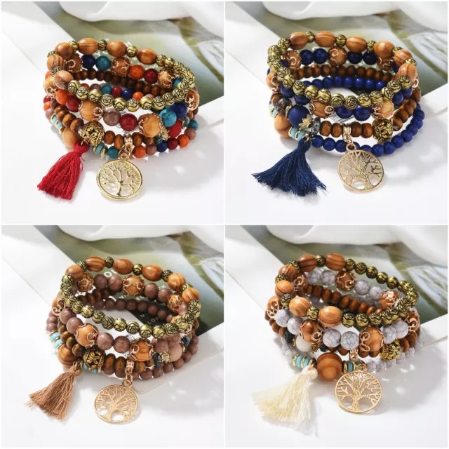 Boho Wooden Beaded Multi-layer Tassel Bracelet Bangle Women Party Jewelry Gifts