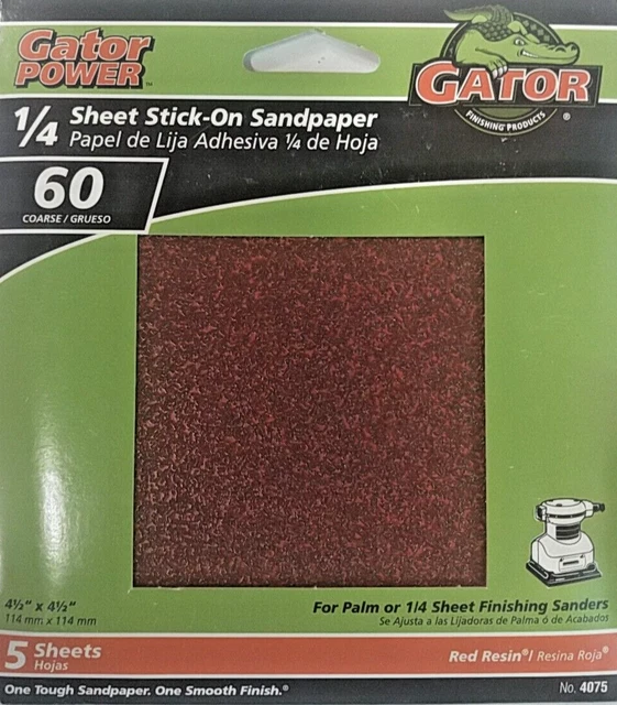 Paquete de 5 hojas de lijado Ali Gator, 4,5"" x 4,5", arena 60, óxido de aluminio, pegatinas