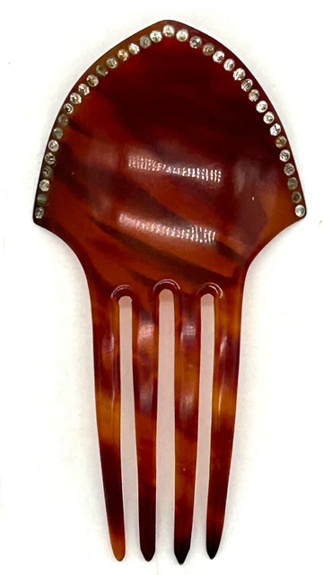 Vintage Art Deco 5" Amber Translucent Hair Comb With White Rhinestones