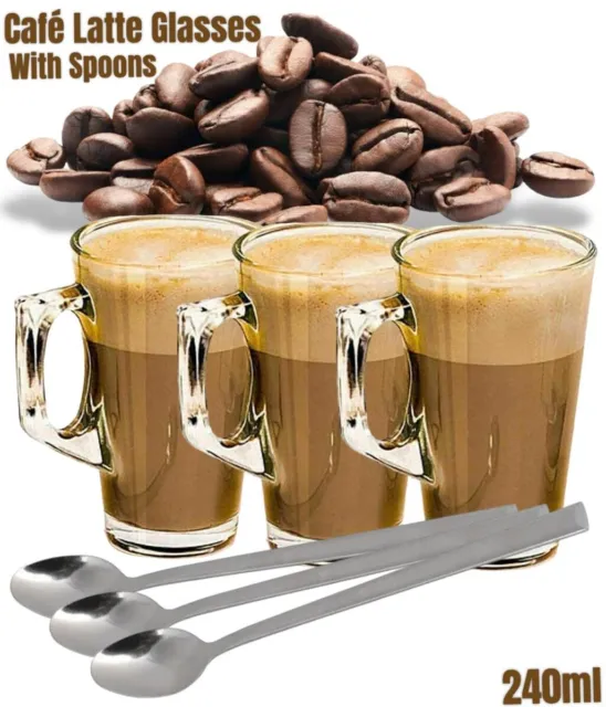 Latte Glasses 240ml Hot Tea Coffee Mugs Cups Tassimo Gusto Nespresso With Spoons