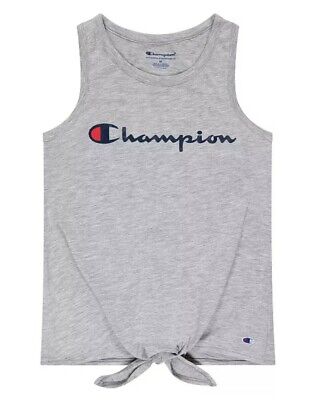 Champion Girl's Sleeveless Classic Script Tie-Front Tank Top (Grey, Large, 14)