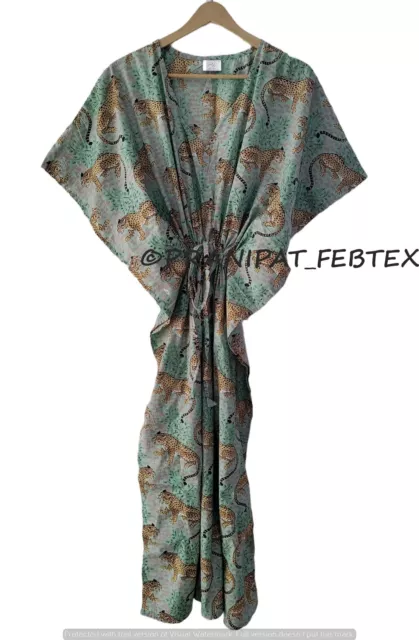 Bagheera Estampado Tigre Verde Menta Algodón Caftán Mujer Albornoz Maxi De Ropa