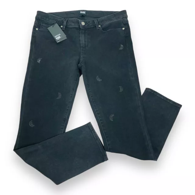 PAIGE Skyline Ankle Peg Skinny Jeans Size 32 Black Rhinestone Zip Fly Pockets