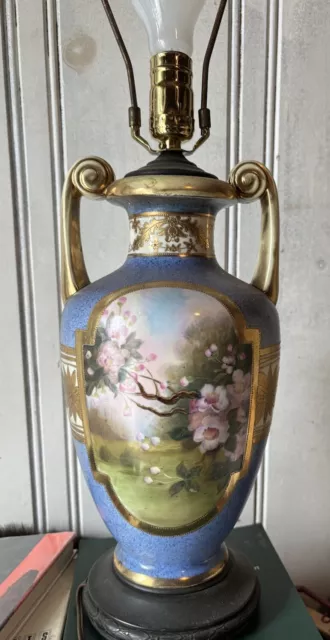 Vintage Noritake Style Table Lamp Hand painted Dogwood Flowers &  Lake Scene