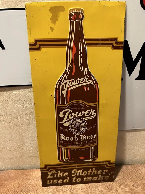 Original & Authentic ''Tower Root Beer'' Painted Metal Dealer Sign 9.5X19.5 Inch