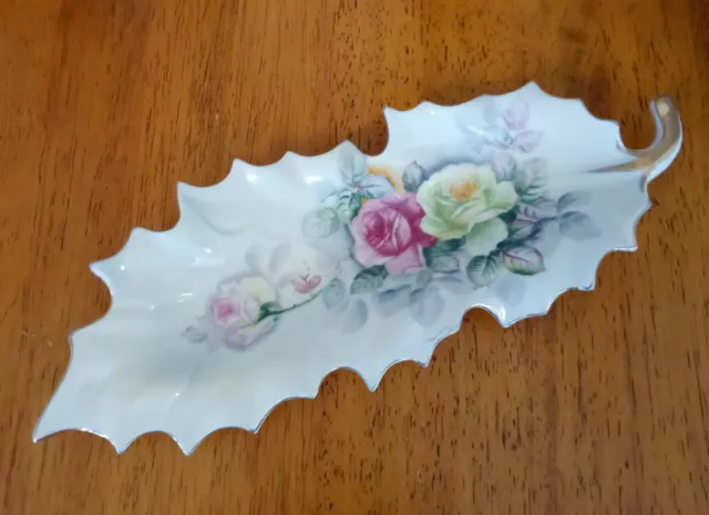 Arnart Vintage 1950's Porcelain Relish Tray Leaf  Shape Hand-Painted Rose Japan